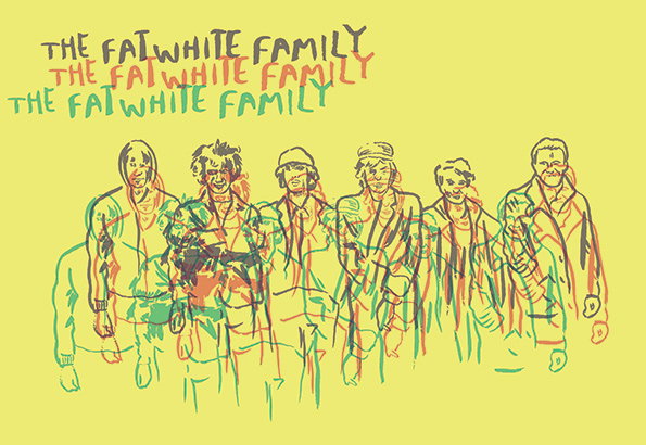 An illustration of six figures standing in a line against a bright yellow background. The figures are rendered in loose, sketchy lines of green, orange and red. Above them, the words “The Fat White Family” are repeated three times in a stylised, hand-drawn font.
