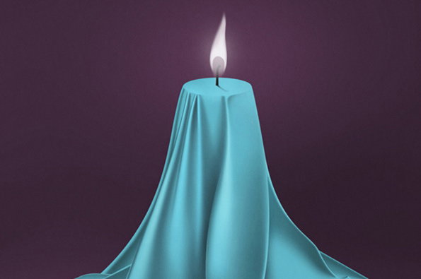 A 3D render of a lit candle draped in a flowing, turquoise fabric. The fabric clings to the candle's shape, pooling at the base against a deep purple background.