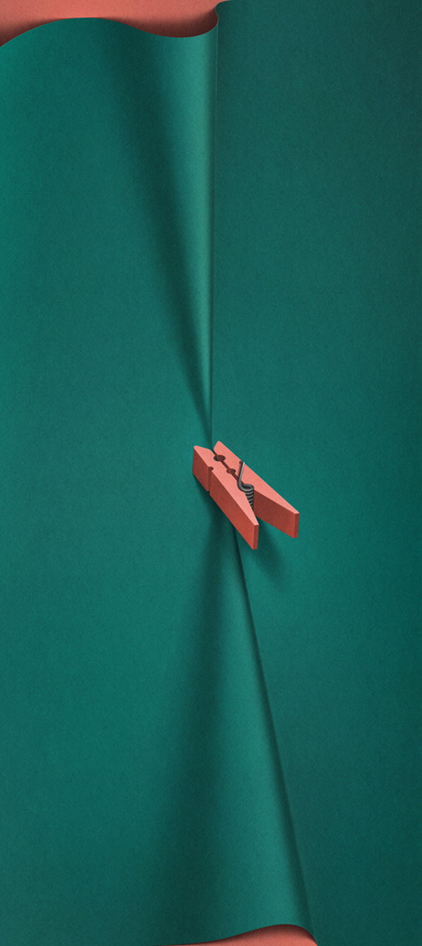 A 3D render of a deep green sheet of paper, pinched in the centre by a small red clothespin. The paper curves and folds around the clip against a matching green background.