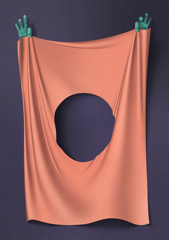 A 3D render of a peach-coloured cloth held up by two green hands against a dark purple background. A large, circular hole is cut out of the centre of the fabric.
