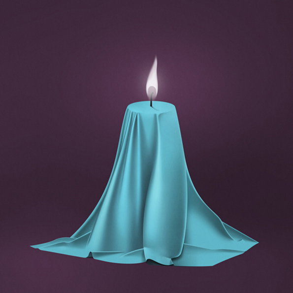 A 3D render of a lit candle draped in a flowing, turquoise fabric. The cloth clings to the candle's shape and pools around the base against a deep purple background.