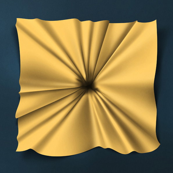 A 3D render of a square piece of yellow fabric, pinched tightly in the centre to create radiating folds. The material is set against a dark blue background.