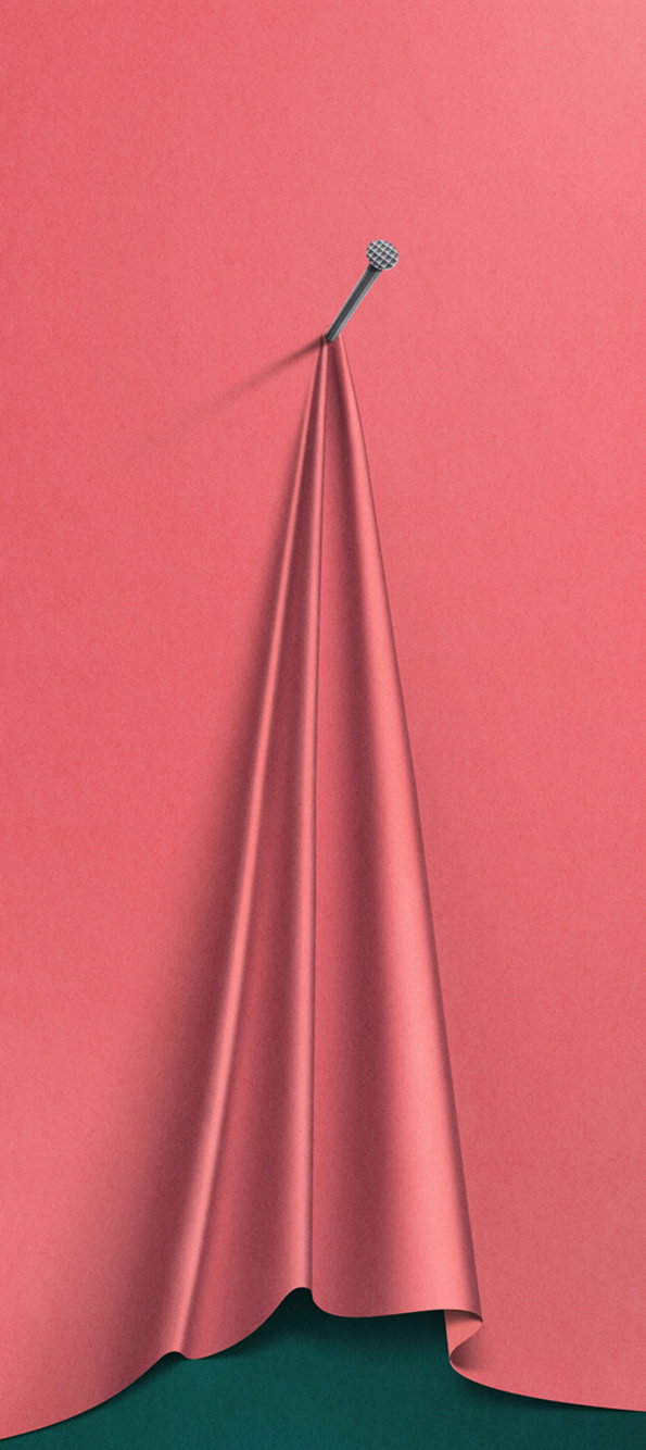 A 3D render of a piece of pink fabric pinned to a pink wall by a single nail. The cloth drapes downwards in a sharp, vertical fold, creating a deep shadow.