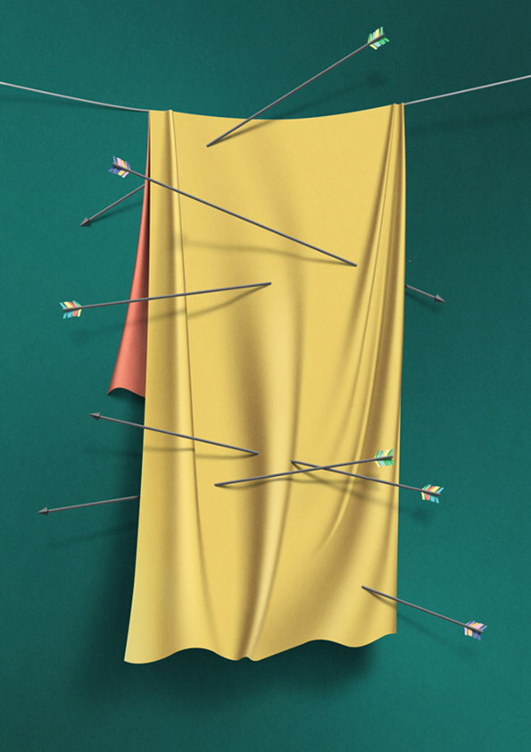 A 3D render of a yellow cloth draped over a thin wire against a dark green background. Several arrows pierce through the fabric and the space around it at various angles.
