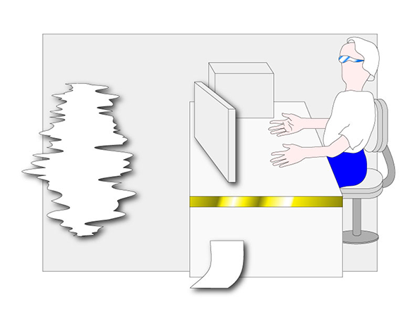 An illustration of a person wearing glasses sitting at a white desk with a computer monitor. To their left, a jagged white shape floats against a grey background.