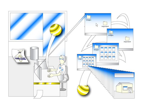 A digital illustration of a person sitting at a desk in a minimalist office. They are connected by a line to a series of floating computer windows showing folders labelled “images” and “important”.