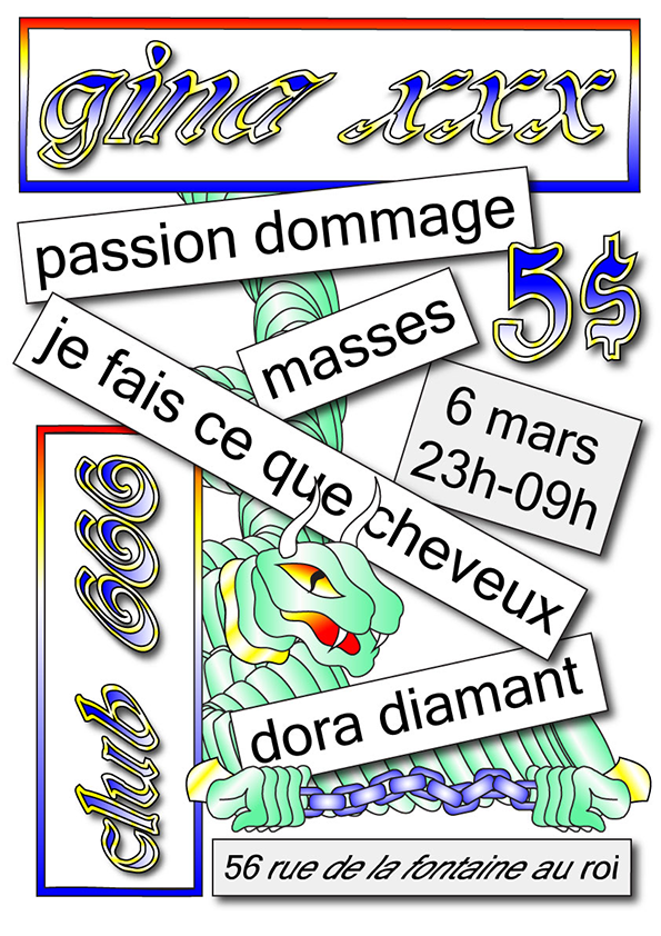 A digital collage featuring a green dragon illustration and various text boxes. Stylised text at the top reads “gina xxx”, while other boxes contain phrases including “passion dommage”, “masses”, “cheveux” and “dora diamant”.