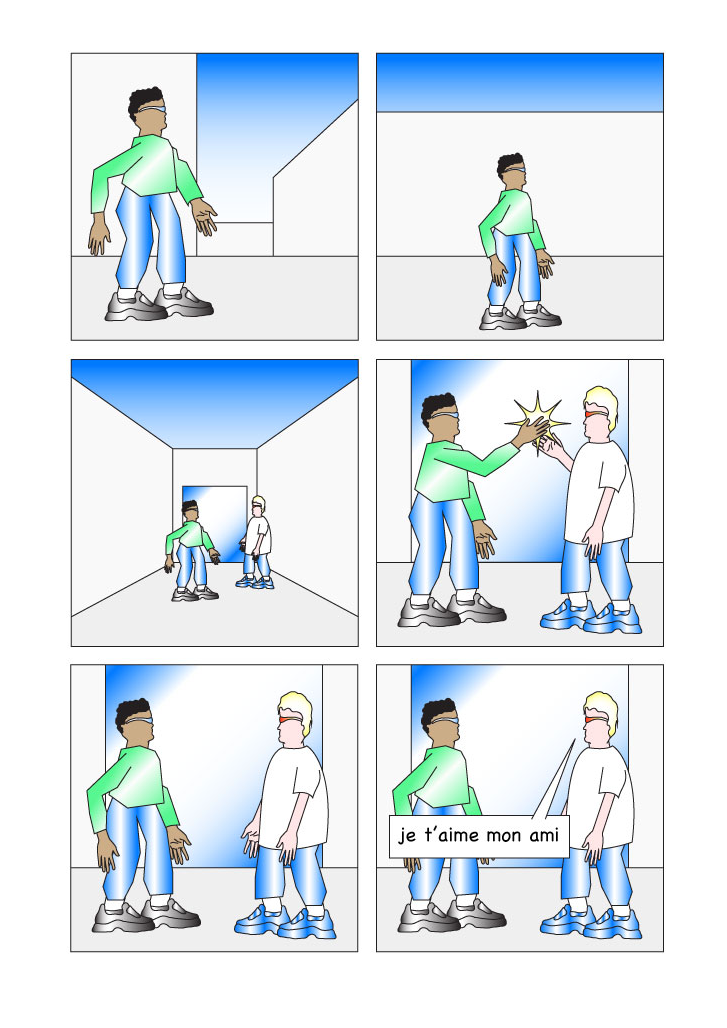 A six-panel comic strip showing two figures meeting in a minimalist white space. They greet each other with a handshake before one figure speaks a speech bubble that reads “je t’aime mon ami”.