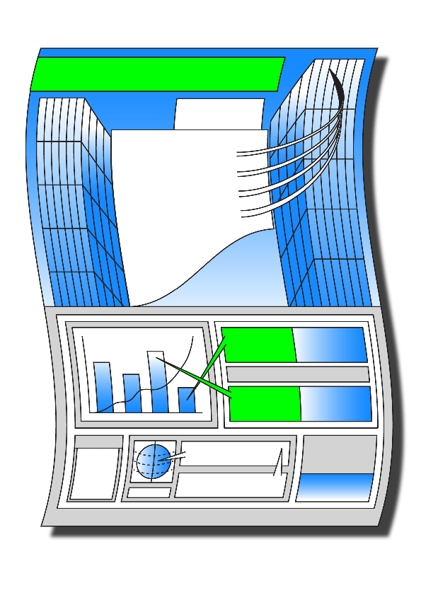 A digital illustration of a futuristic interface or dashboard. The top section shows blue grid-like skyscrapers surrounding a white central form, while the bottom contains various charts and data visualisations in blue and green.