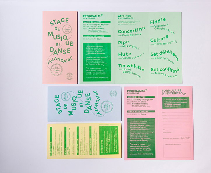 A collection of pink and green printed brochures and leaflets for a weekend of Irish music and dance. The main title reads “Stage de Musique et Danse Irlandaise”.