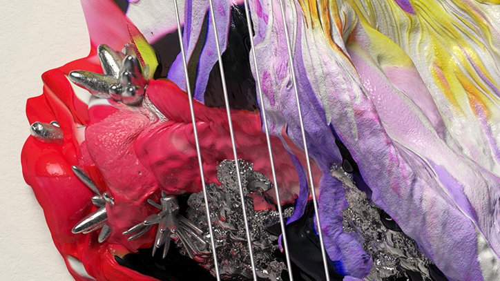 A 3D render of an abstract, organic form with glossy red, purple and yellow surfaces. Silver metallic spikes and crystalline textures emerge from the fluid shapes, intersected by thin white lines.