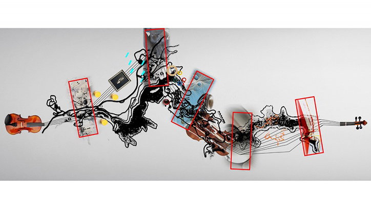 A digital collage of a violin fragmented and stretched across a white background. Abstract black ink splatters, thin lines and red rectangular frames overlap the instrument.