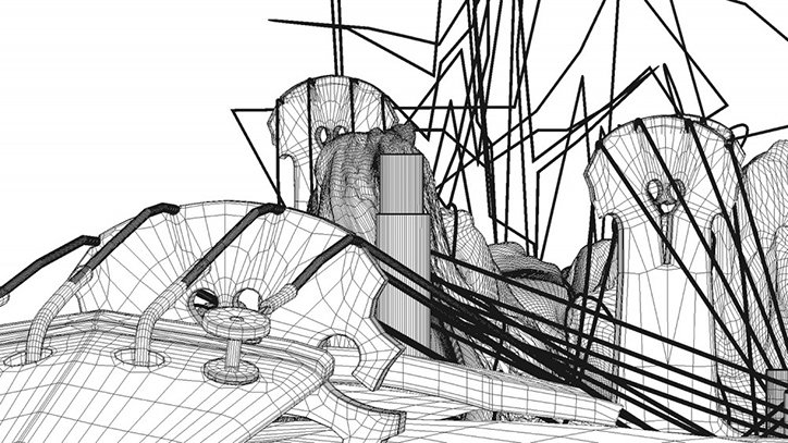 A 3D wireframe render of complex, organic shapes and jagged lines. The white background is filled with intersecting black grids and sharp, angular strokes.