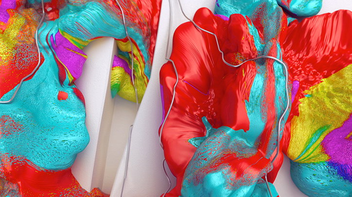 A 3D render of two abstract, organic forms in vibrant red, turquoise, yellow and purple. Thin silver wires wind around the glossy, fluid shapes against a plain white background.