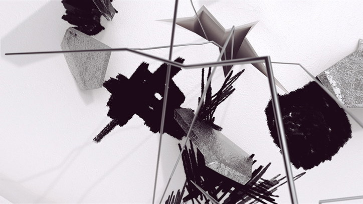 A 3D sculpture of thin metal rods and geometric shapes suspended against a white wall. The structure holds a mix of reflective silver panels and textured black forms.