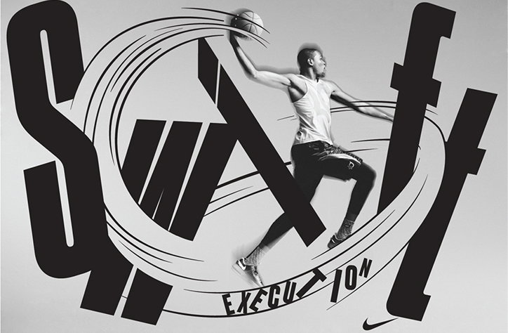 A black and white image of a basketball player leaping mid-air with a ball. They are framed by bold, stylised typography that reads “SWIFT EXECUTION” and swirling graphic lines.