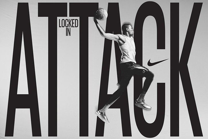 A basketball player leaps through the air, holding a ball aloft. They are positioned in front of large, bold text that reads “ATTACK”, with the words “LOCKED IN” appearing smaller to the left.
