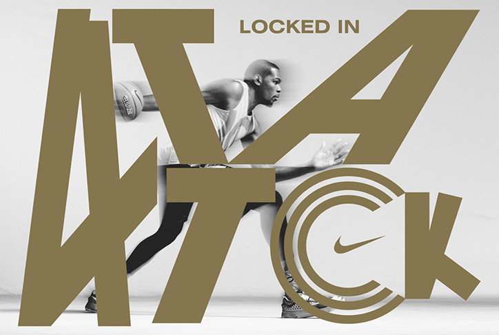 Kobe Bryant is captured in a dynamic basketball pose, partially obscured by large, gold typographic elements. The text reads “ATTACK” in a bold, stylised font, with the words “LOCKED IN” appearing in smaller letters above.