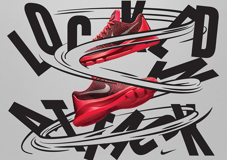 Two red Nike trainers float centrally against a grey background. Bold black typography reads “LOCKED” and “ATTACK”, with swirling white lines wrapping around the shoes.