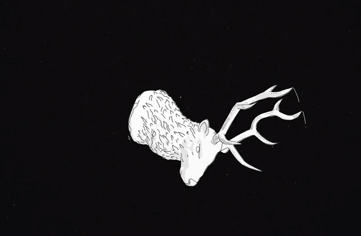 A white line illustration of a deer’s head and antlers against a solid black background. The deer is depicted in profile, with a textured, cloud-like mass forming the back of its head.
