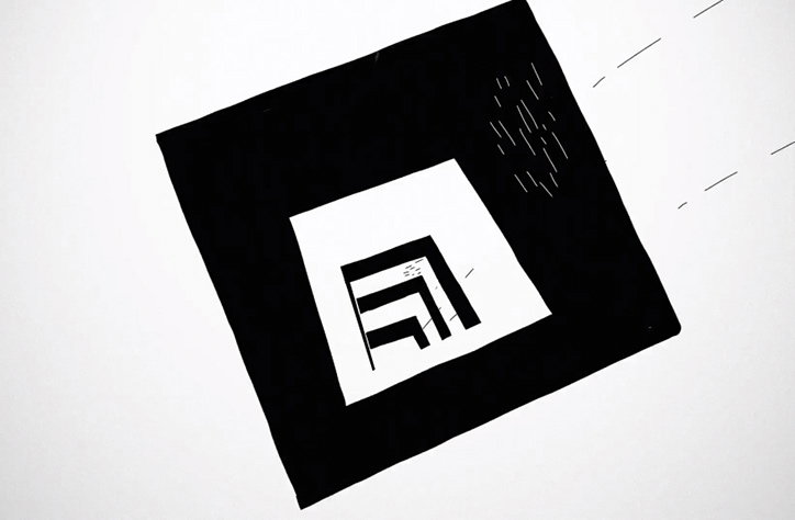 A black and white illustration of a black square tilted on a white background. Inside the square, a smaller white square contains a series of nested, angular black lines.