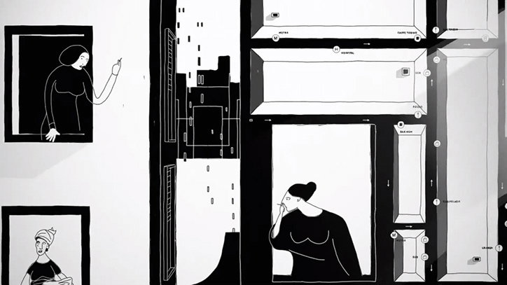 A black and white illustration of a city scene divided into panels. Figures appear in window-like frames, surrounded by abstract architectural shapes and small, illegible labels.