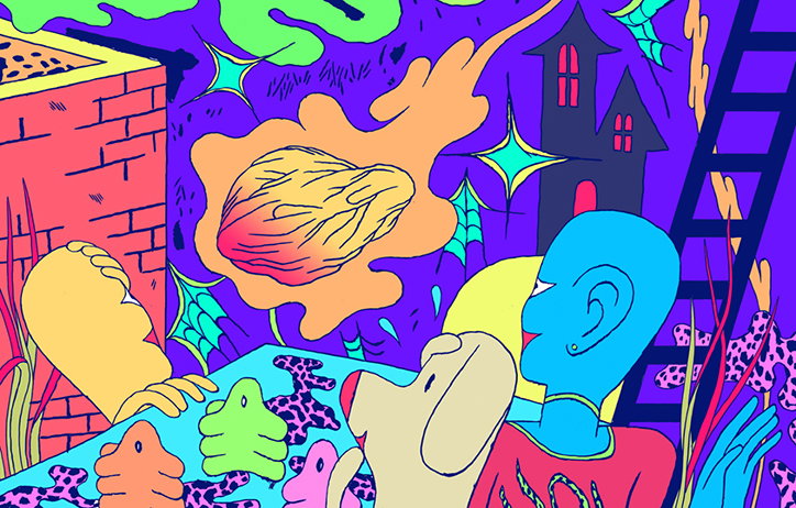 A psychedelic illustration in vibrant neon colours. A blue figure and a dog-like creature look on as a flaming brain flies through a purple sky towards a dark house.