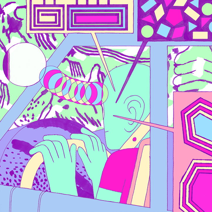An illustration of a light green figure sitting in a vehicle, their hands on a steering wheel. Vibrant pink, purple and blue geometric shapes and patterns float around them against a psychedelic background.