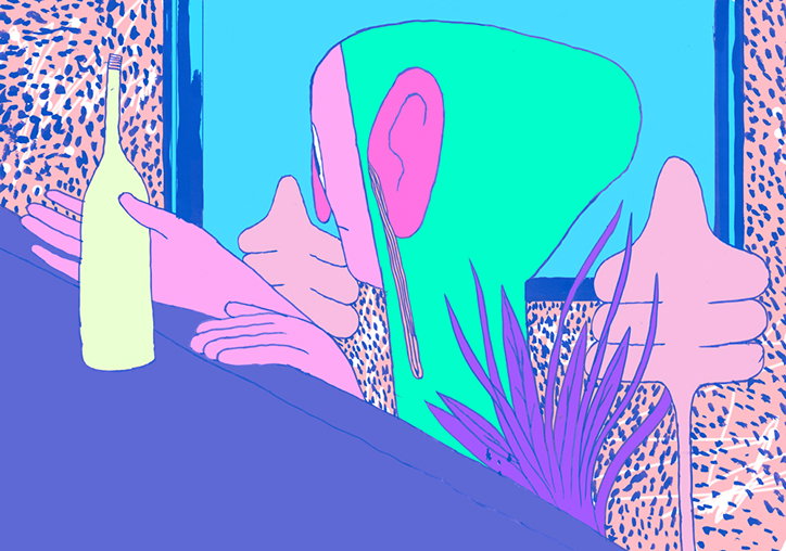 An illustration of a pink figure with a large green head and a prominent ear. They lean over a blue surface next to a pale yellow bottle, surrounded by purple plants and speckled patterns.