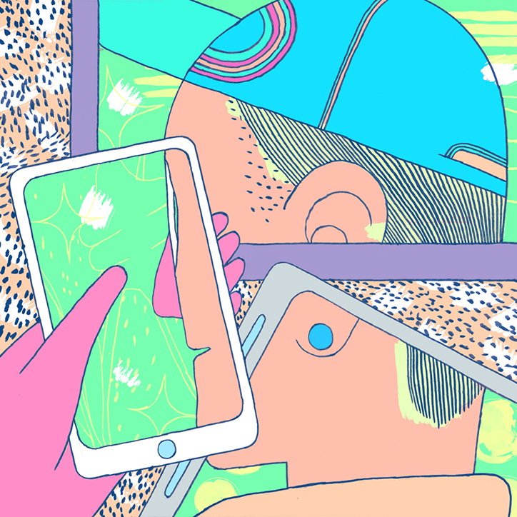 An illustration of a person wearing a blue cap, seen through a series of overlapping digital screens. A pink hand holds a white tablet in the foreground, partially obscuring the person’s face.