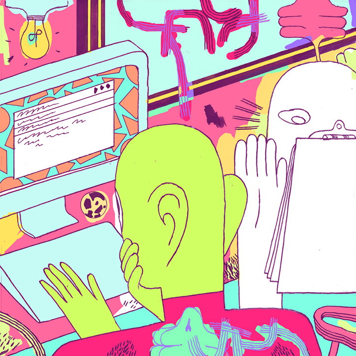 An illustration of a lime green figure sitting at a computer in a vibrant, pink-toned room. A second white figure stands beside them, holding a stack of papers.