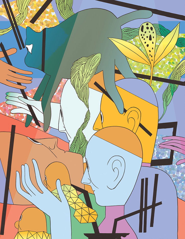 An illustration of several stylised figures and a large green cat in a fragmented, colourful composition. The figures are rendered in flat blocks of blue, yellow and orange, overlapping amidst abstract shapes and botanical elements.