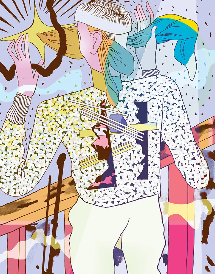 An illustration of a person seen from behind, wearing a patterned sweater and a headwrap with a flowing blue fabric. They reach towards a glowing yellow star surrounded by swirling brown lines.