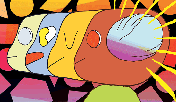 An animation of a colourful, abstract figure composed of overlapping rounded shapes in yellow, blue and orange. The figure is set against a dark background of geometric patterns and glowing circles, with subtle movement across the frame.