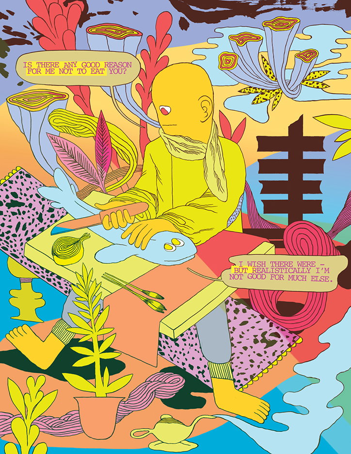 An illustration of a yellow figure sitting at a table, holding a knife over a blue fish. Two speech bubbles contain the dialogue: “Is there any good reason for me not to eat you?” and “I wish there were – but realistically I’m not good for much else.”