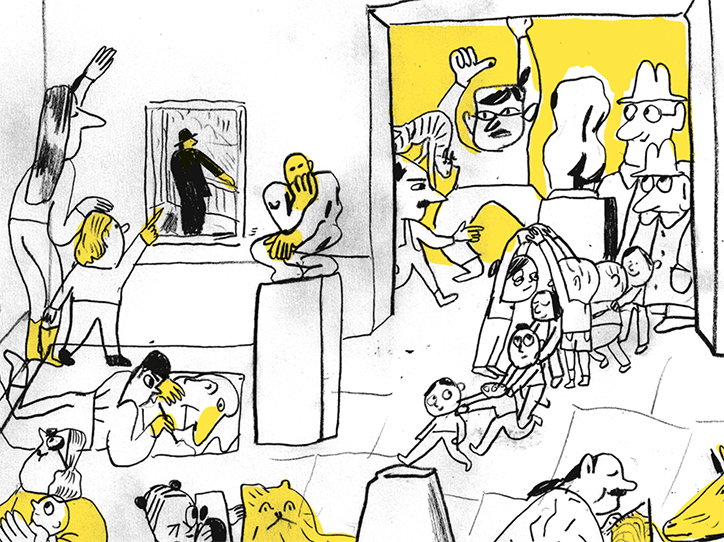 A black and white illustration with yellow accents shows a crowded art gallery. People gather around various sculptures and paintings, including a figure reminiscent of Rodin’s The Thinker.