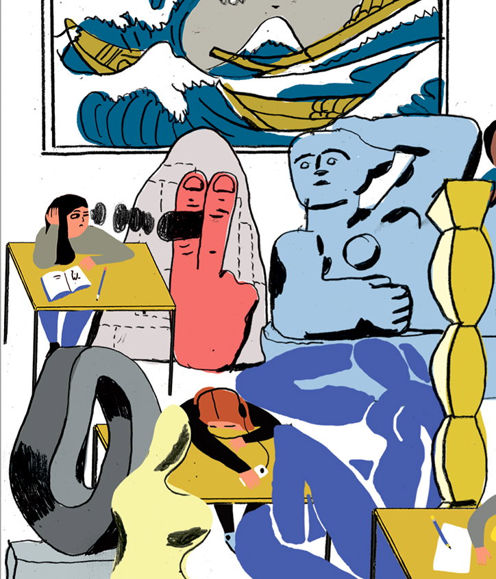 An illustration of a crowded room filled with abstract figures and sculptures. A person sits at a yellow desk on the left, while a large blue figure and a red hand-shaped sculpture dominate the centre.