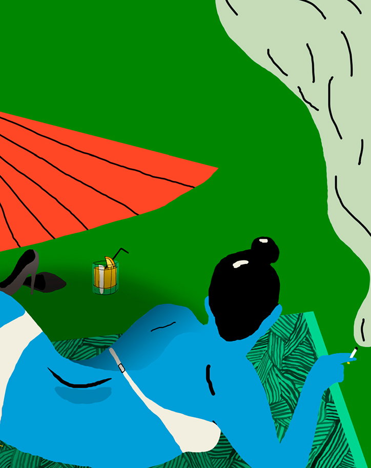 An illustration of a blue figure reclining on a green patterned towel. They hold a cigarette, with a plume of white smoke rising beside a red parasol and a cocktail.