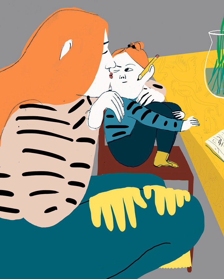 An illustration of a person with long orange hair leaning in to kiss a child on the cheek. The child sits on a table, holding a pencil and looking thoughtful.