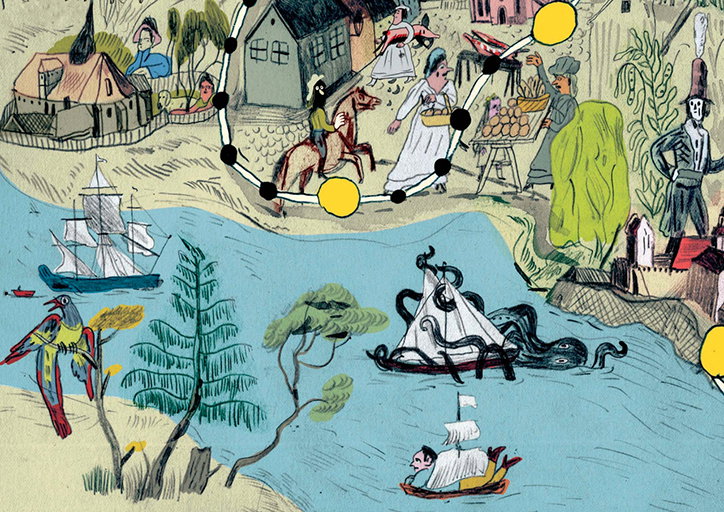 An illustration of a bustling riverside village scene. A giant octopus attacks a sailing ship in the water, while a person on horseback and others walk along the bank.