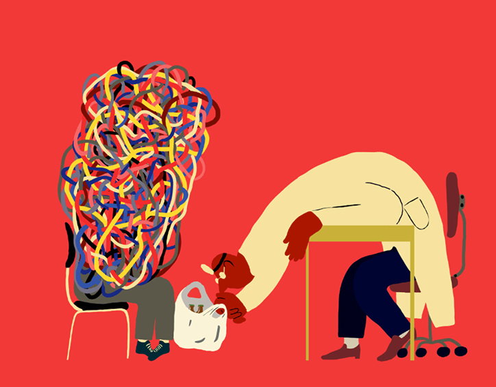 An illustration of two figures against a bright red background. One person sits on a chair with a head made of a chaotic scribble of colourful lines, while another person in a white coat leans over a desk to look into a white bag.