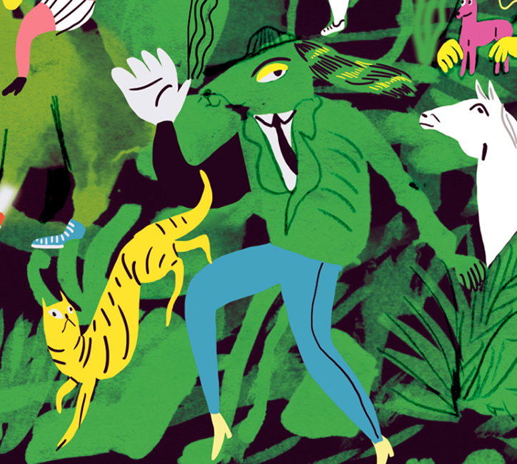 An illustration of a green, humanoid figure wearing a suit and tie, waving one hand. They are surrounded by a yellow tiger and a white horse amidst a dense, green jungle.