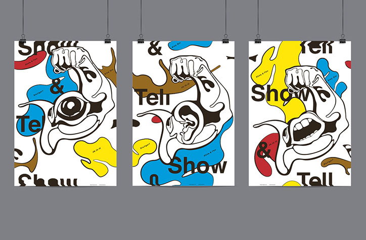 Three posters featuring bold, black line illustrations of distorted faces and hands. The designs use a primary colour palette of red, blue and yellow, with the words “Show & Tell” repeated across the compositions.