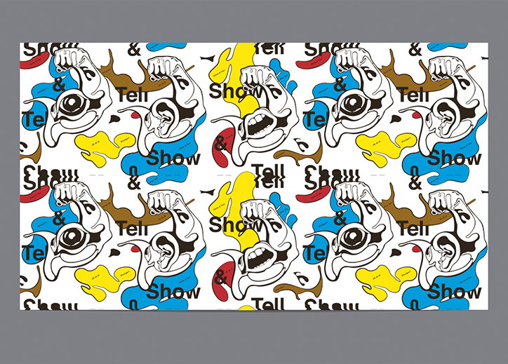 A repeating pattern illustration of stylised, distorted faces and hands. The figures are drawn in black line work over splashes of yellow, blue and red, accompanied by the words “Show”, “Tell” and “&”.