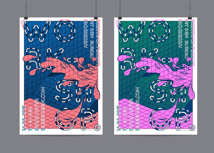 Two posters hang side by side, each featuring a bold, distorted typographic layout that reads “WORKSHOP”. A fluid, organic shape in pink and purple splashes across the centre of the compositions.