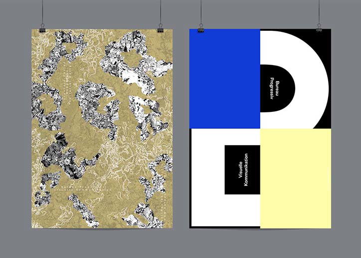Two posters hang side by side against a grey wall. The first features abstract, jagged black and white shapes scattered across a textured gold background. The second is a geometric composition of blue, white, black and yellow blocks, containing the vertical text “Bureau Progressiv” and “Visuelle Kommunikation”.