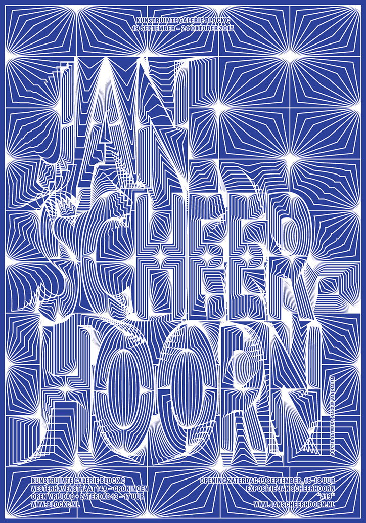 A blue and white typographic poster featuring the name “Jan Scheerhoorn” rendered in a complex, 3D linear style. The letters are formed by concentric white lines that create a warped, architectural effect against a radiating grid background. Text at the top and bottom provides exhibition details for “Kunstruimte Galerie Block C” in Groningen.