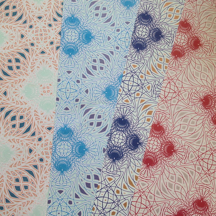 Four overlapping sheets of paper feature intricate, symmetrical line patterns. Each sheet uses a different colour palette, including peach, light blue, navy and red.