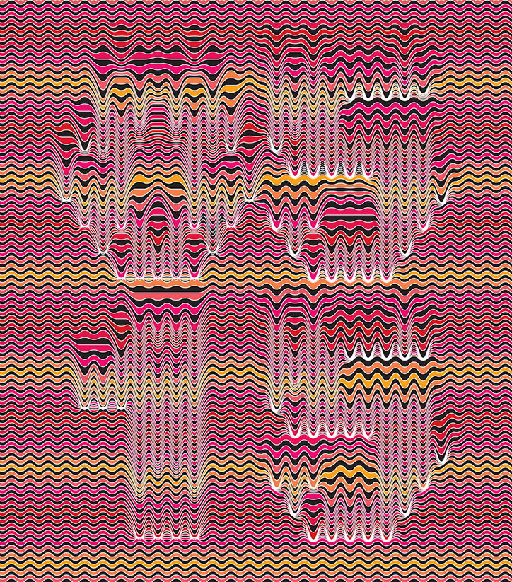 An abstract illustration of undulating, wavy lines in pink, orange, white and black. The lines distort in the centre to create four blurred, organic shapes.