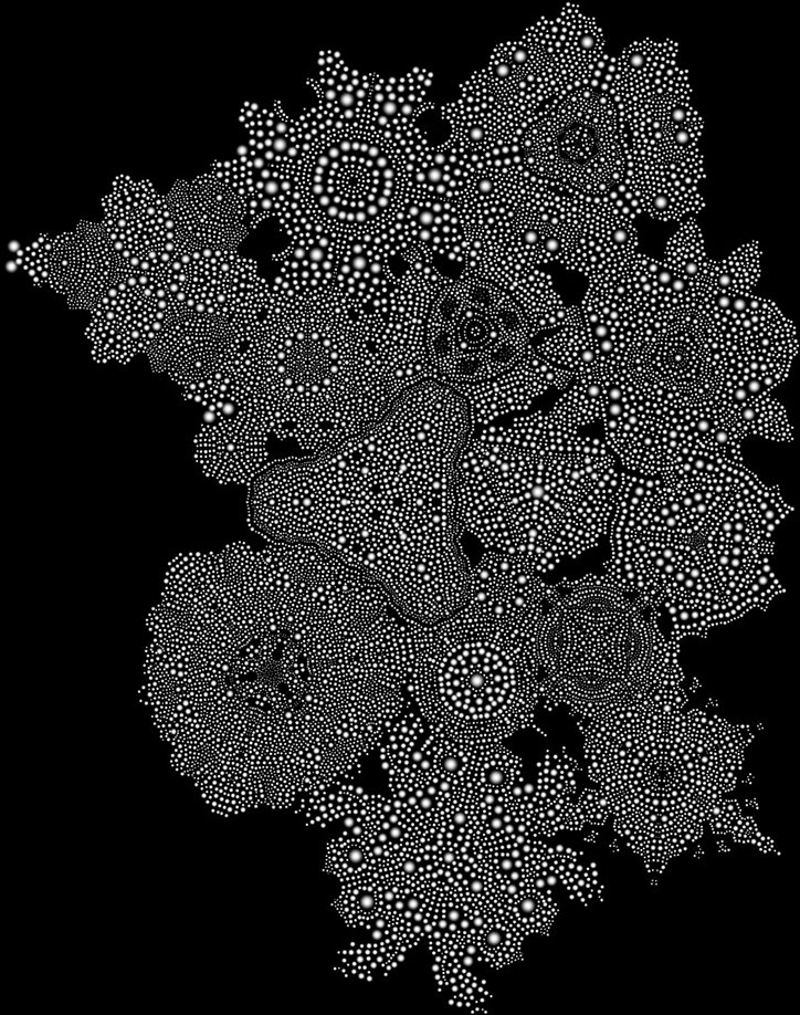 A black and white illustration of several overlapping, flower-like shapes made from thousands of tiny white dots. The intricate, stippled patterns create a sense of depth and texture against a solid black background.